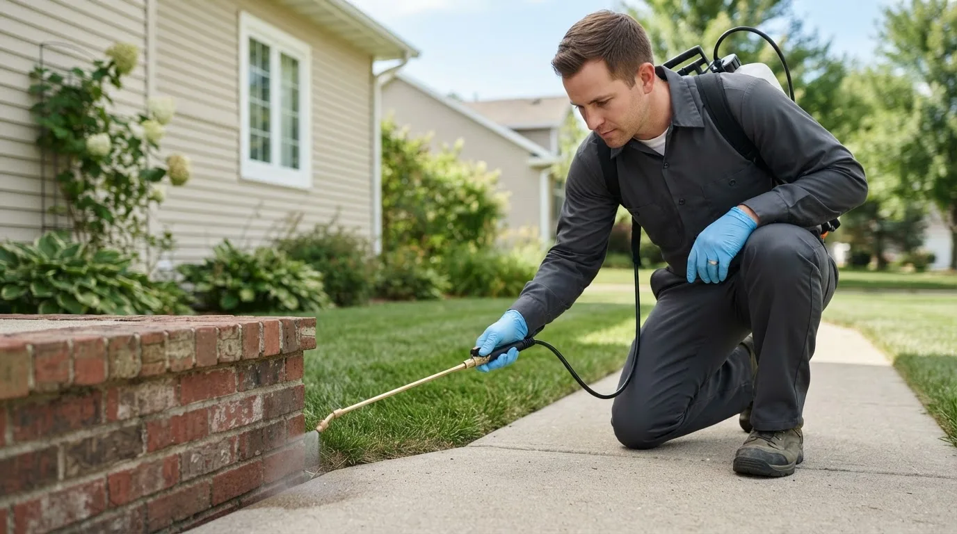 Pest control technician treating a home near Orange City, IA