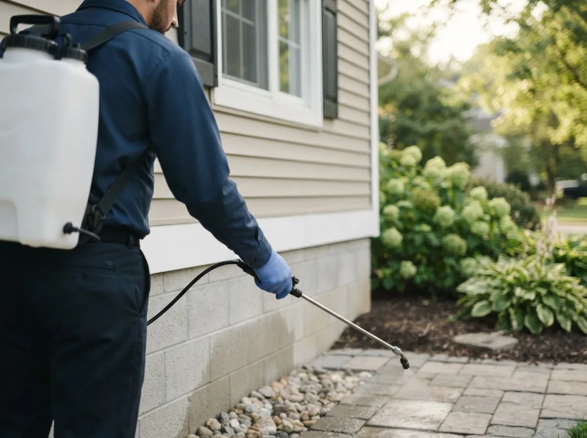 Pest control technician inspecting a home in Orange City, IA